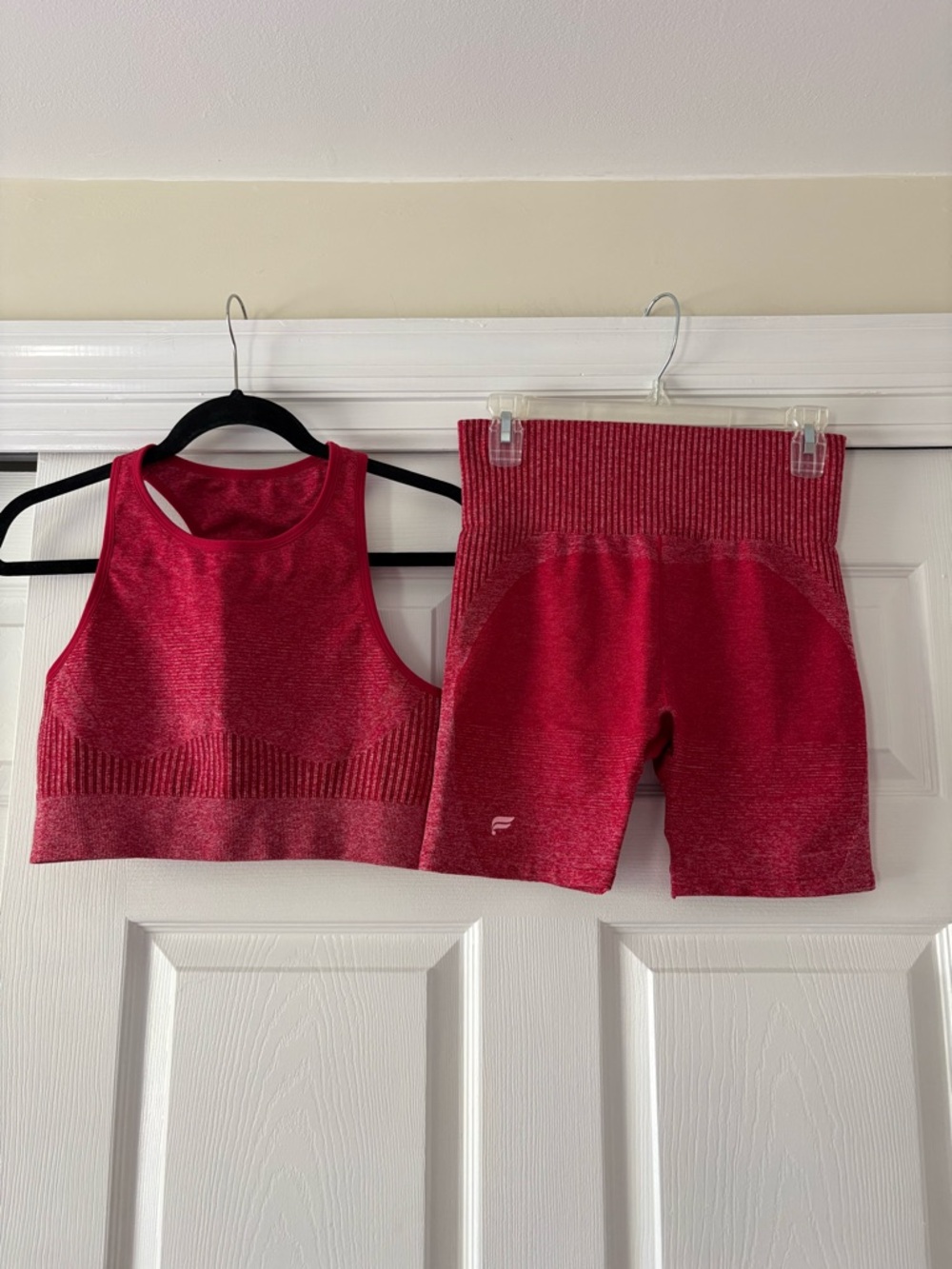 Fabletics Seamless Red Athletic Crop Top & High-Waist Bike Shorts Set